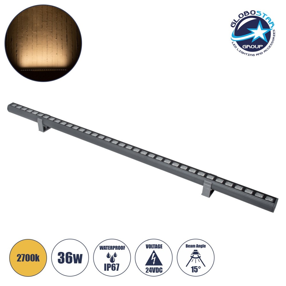 GLOBOSTAR® WASHERPANDA 90583 Μπάρα Φωτισμού Wall Washer LED 36W 3960lm 15° DC 24V Αδιάβροχο IP67 Θερμό Λευκό 2700K Dimmable - Bridgelux SMD Chip - Γκρι Ανθρακί - Μ100 x Π4 x Υ3.5cm - 3 Χρόνια Εγγύηση